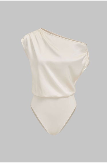 Satin Patchwork One Shoulder Ruched Sleeveless Bodysuit