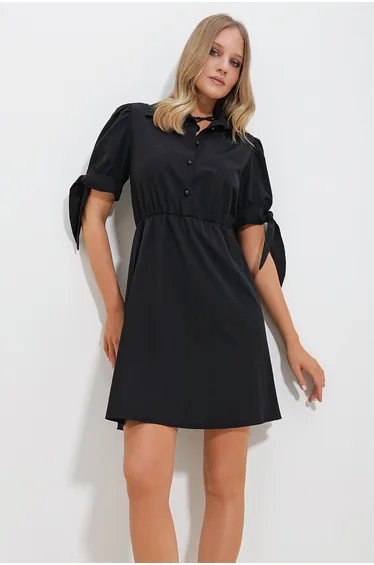 Women's Black Shirt Collar Watermelon Sleeve Poplin Dress