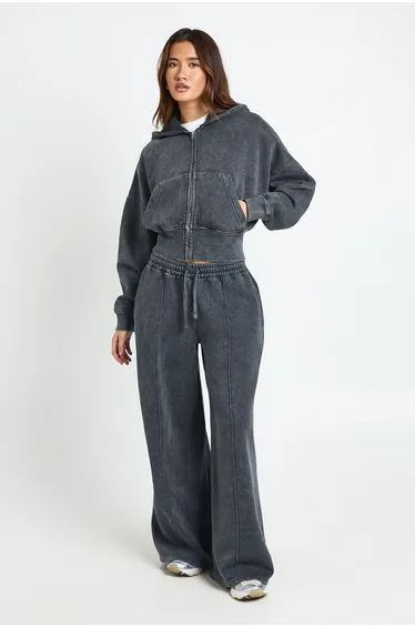 Washed Cinched Waist Double Zip Hoodie Tracksuit - charcoal