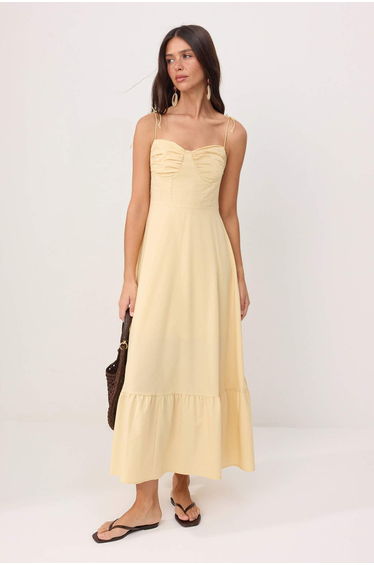 Light Yellow Waist Opening Drape Detailed Strap Woven Maxi Dress