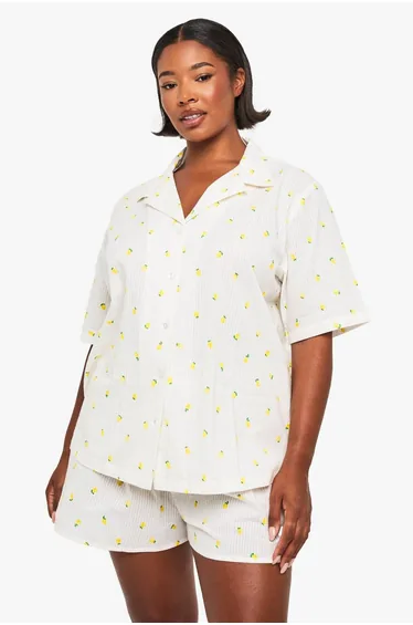 Plus Lemon Print Waffle Shirt PJ Top