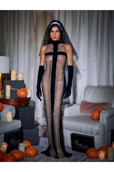 Pablo High Neck Chain Fringe Maxi Dress With Gloves In Black