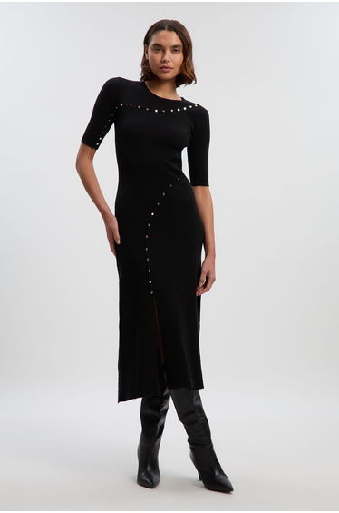 Viscose Blend Cut Out Trim Detail Knit Midi Dress