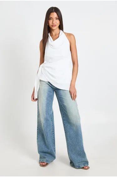 Hammered Halter Cowl Tie Side Drape Blouse - ivory