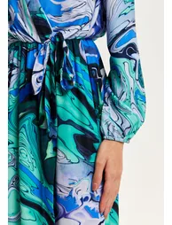 Women's Midi Wrap Dress in Turquoise Marble Print - 13