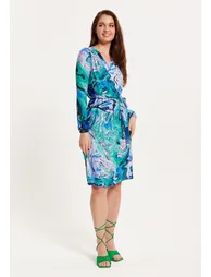 Women's Midi Wrap Dress in Turquoise Marble Print