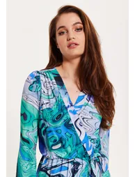 Women's Midi Wrap Dress in Turquoise Marble Print - 4