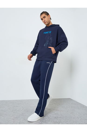 Men Navy Blue Popeye Graphic Print Hoodie