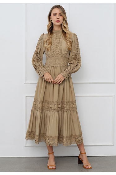 Victorian Elegance Cutwork Lace Maxi Dress in Tan