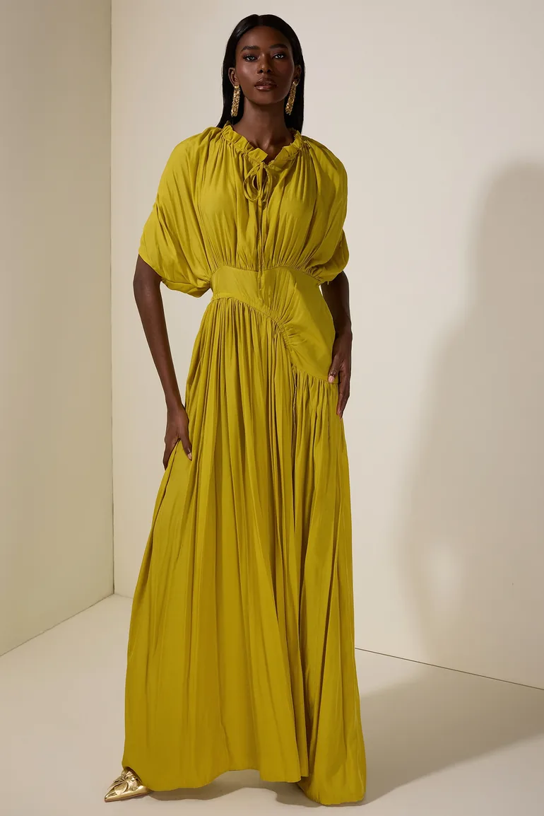Solid Shirring Tie-Up Maxi Dress JardinVue : Evening Dresses : VogaCloset  Oman