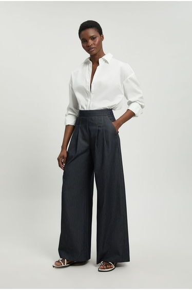 Tailored Denim Wide Leg Pleat Detail Trouser