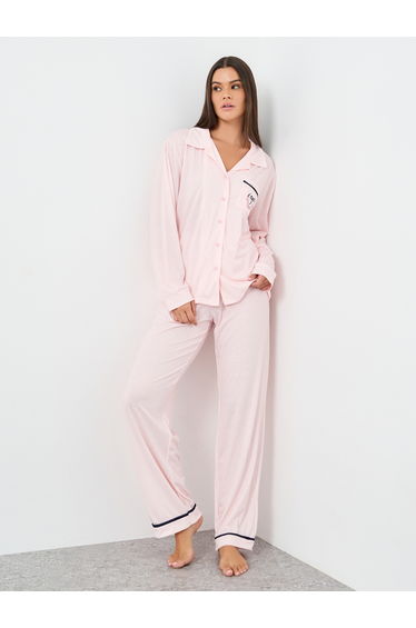 Bow Striped Print Pocket Detail Shirt and Pyjama Set