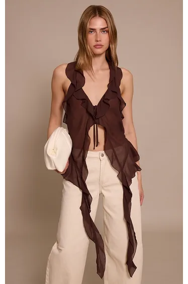 Dark Chocolate Chiffon Ruffle Drape Detail Longline Top