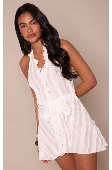 Cream Textured Jersey Halterneck Tie Waist Mini Dress