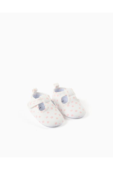 Canvas T-bar shoes with floral motif for newborn girls white/pink