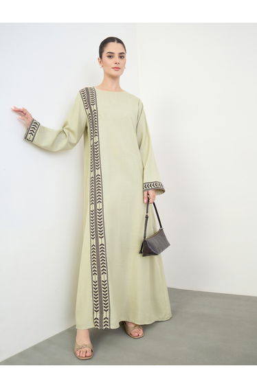 Green Printed Panel Long Sleeves Jalabiya