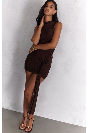 Chocolate Slinky Cut Out Ruched High Neck Mini Dress