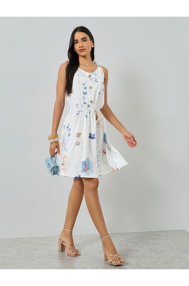 White Floral Print Strappy Mini Dress