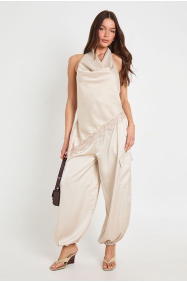 Lace Hem Cowl Top - oyster