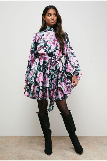 High Neck Printed Long Sleeve Mini Dress With Belt