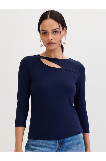 Navy Blue Modal Cut-Out Detail Knit Top