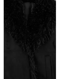 Black Regular Fit Fur-Trimmed Suede Plus Size Coat - 7