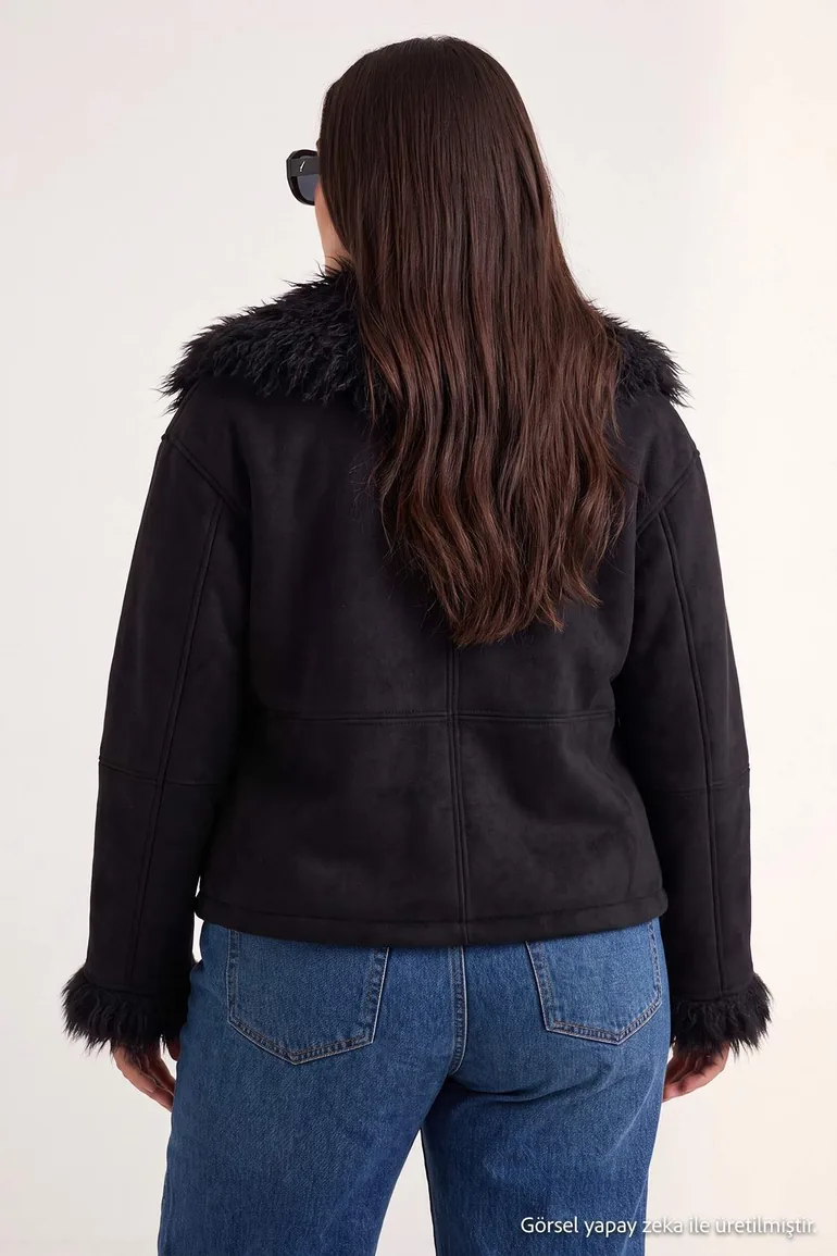 Black Regular Fit Fur-Trimmed Suede Plus Size Coat - 4