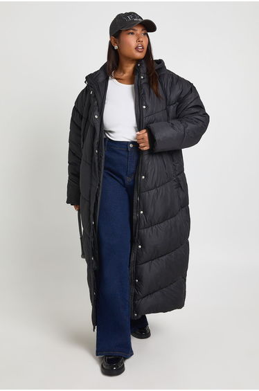 Plus Hooded Quilt Detail Maxi Puffer - black