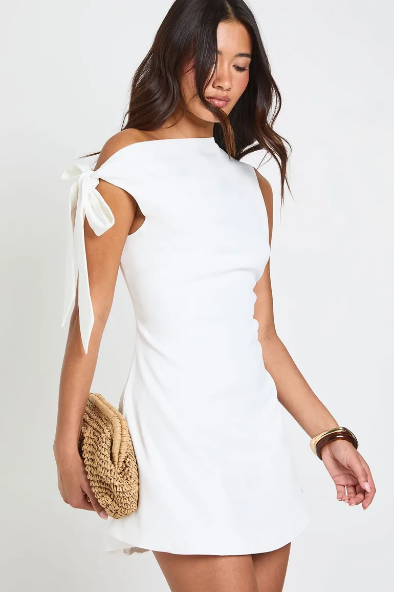 white one shoulder skater dress White Linen Look Ruched One Shoulder Skater Dress