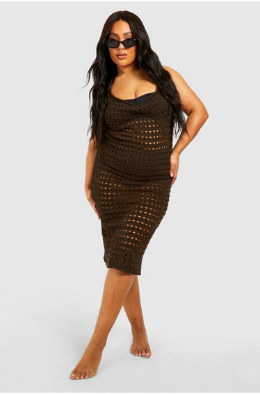 Plus Cowl Neck Crochet Beach Dress - coffee