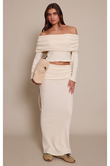Cream Soft Rib Ruched Fold Over Maxi Skirt