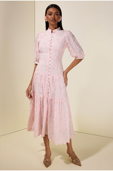 Embroidered Single Breasted Puff Sleeve Midi Dress