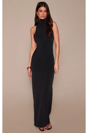 Black Slinky High Neck Asymmetric Dress