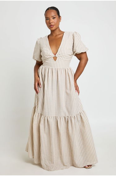Plus Stripe Tiered Maxi Dress - stone