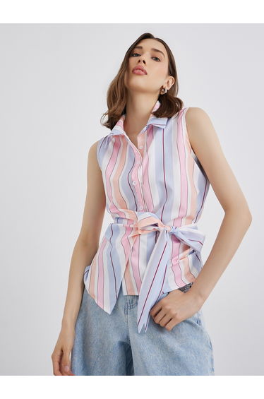 Striped Sleeveless Wrap Top with Tie Up Detail