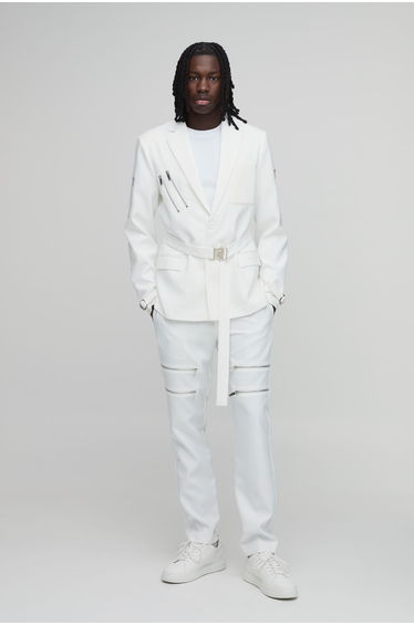 Skinny Fit Zip Detail Tailored Trousers - ecru