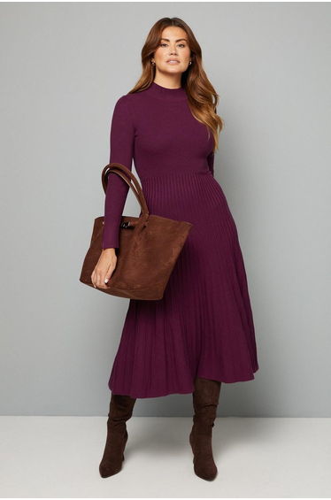 Button Cuff Detail High Neck Pleated Knitted Midaxi Dress