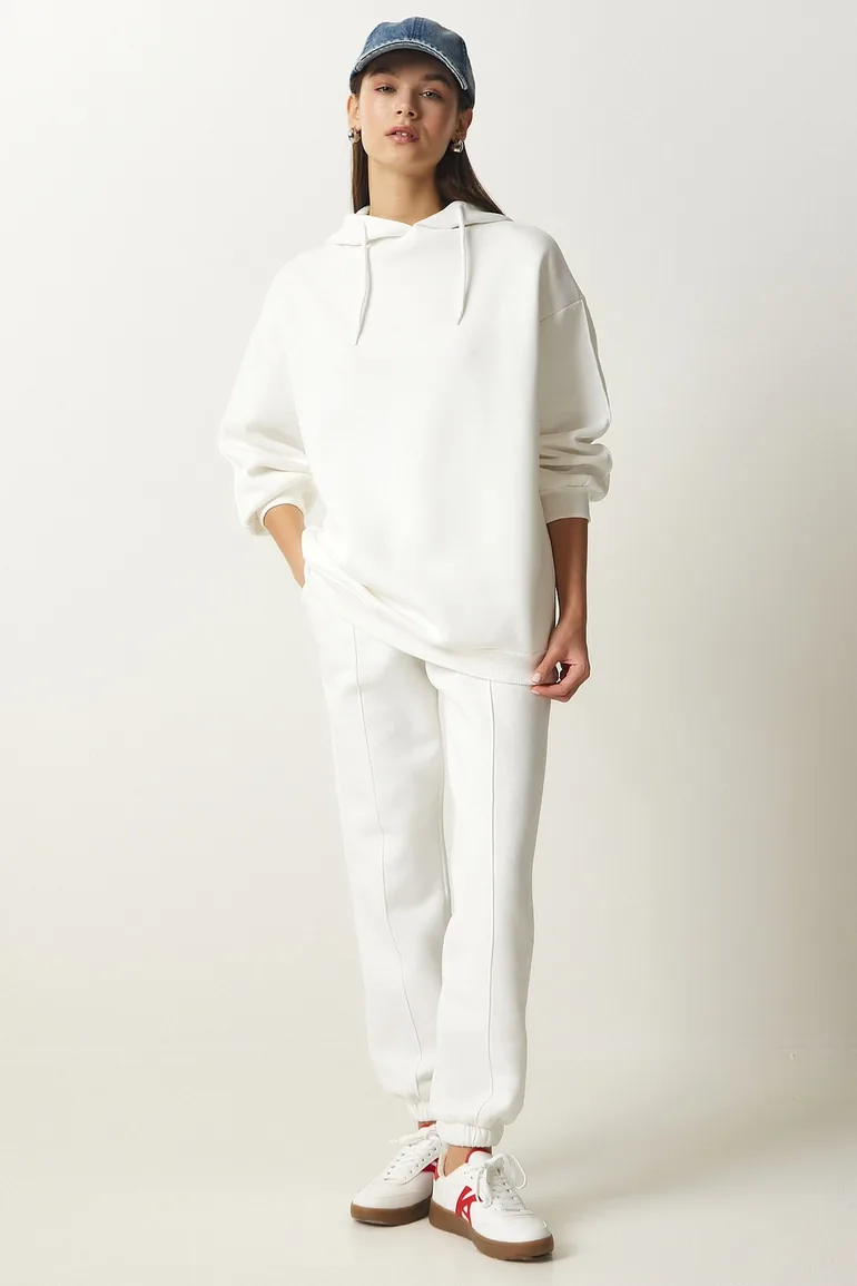 Women's White Hooded Shawl Knitted Tracksuit Set - 1