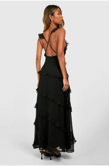 فستان شيفون ماكسي بكشكش بحمالات رفيعة