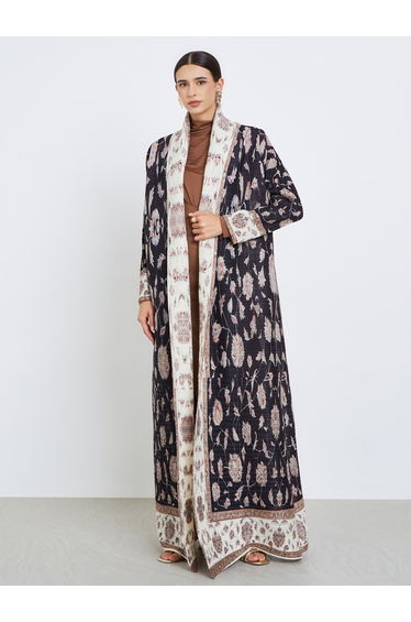 All-Over Printed Textured Pleated Long Sleeve Abaya