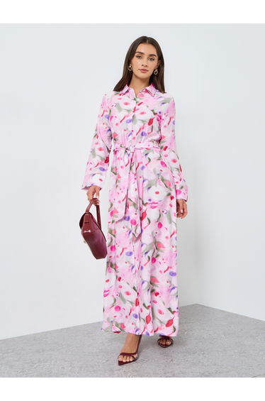 Women Pink Floral Long Sleeves Shirt Maxi Dress