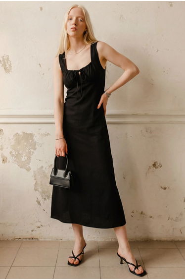 MY FASHION Linen Dress with Tie Detail