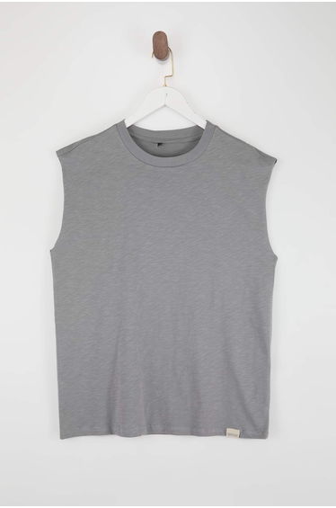 Gray Oversized / Wide Cut Basic Label 100% Cotton Sleeveless T-Shirt/Undershirt