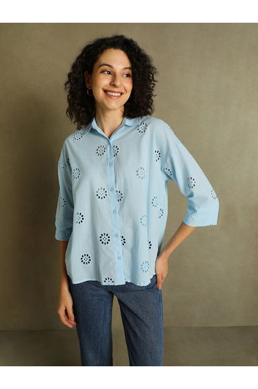 Schiffli Design 3/4 Sleeves Relaxed Fit Shirt