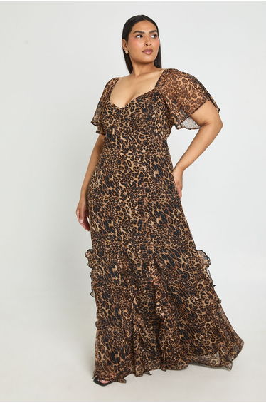 Plus Leopard Chiffon Puff Sleeve Ruffle Maxi Dress - leopard