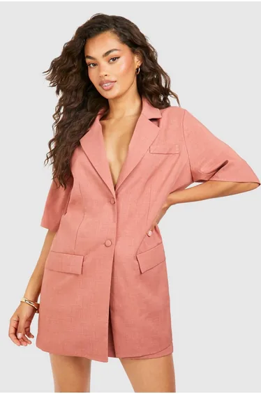 Linen Look Longline Short Sleeved Blazer - spice