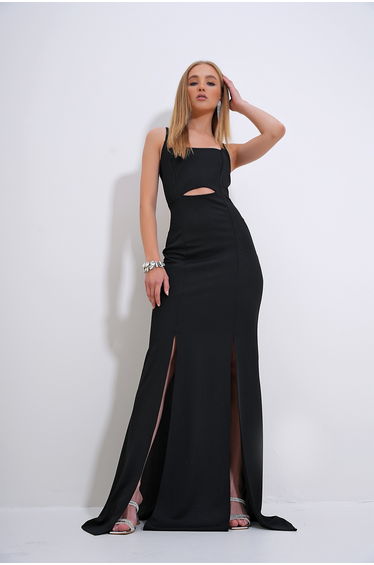 Women's Black Adjustable Strap Out Cut Slit Graduation Dress
