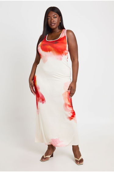 Plus Floral Scoop Neck Maxi Dress - cream