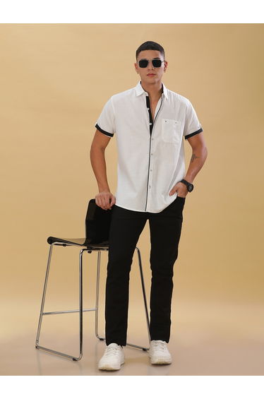 Men White Linen Blend Short Sleeve Shirt