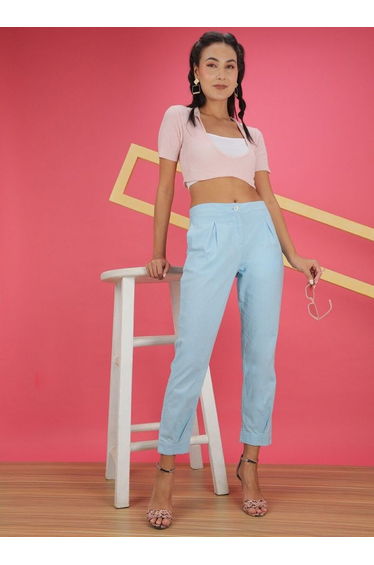 Women Blue Tapered Pants with Pleats